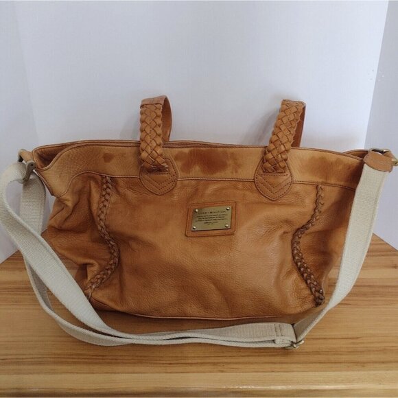 Tommy Hilfiger Cognac Soft Pebble Leather Adjustable Crossbody Tote Bag - Picture 1 of 13